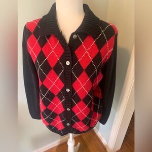 Land’s End Argyle Sweater cardigan- Red/Navy, L